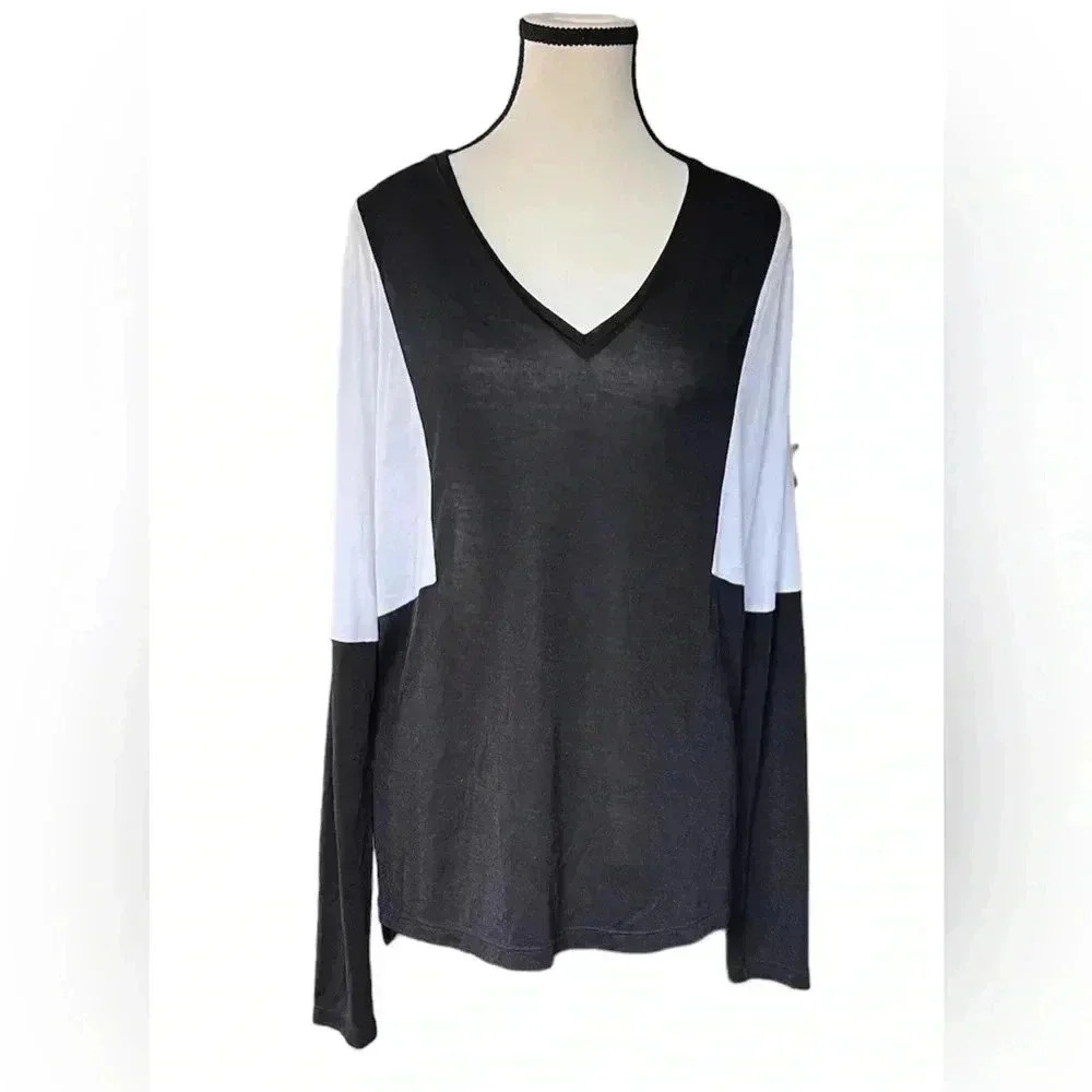 Vince Womens V Neck Shirt Black White colorblock Semi Sheer Long Sleeve Top Sz M